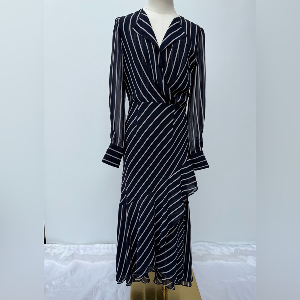 Rachel Roy Collection Striped Midi Wrap Dress Navy White Long Sleeve Sz 2 NWOT - Picture 3 of 14